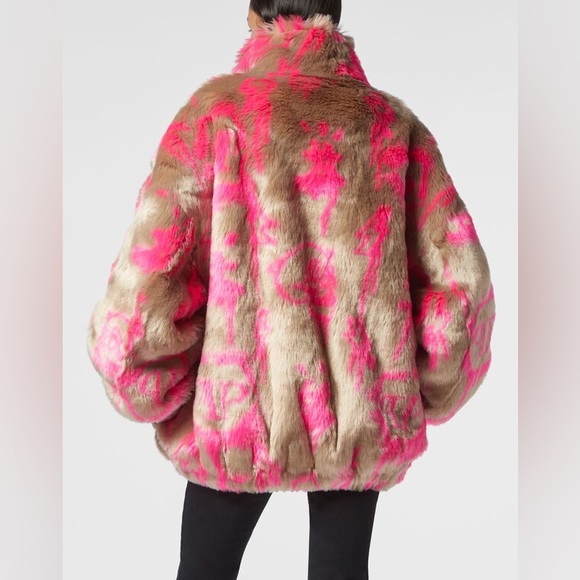 Philipp Plein Multicolor Heart-Print Faux-Fur High-Neck Coat - Picture 10 of 10